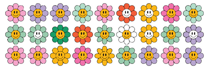 colorful spring floral cartoon pattern vector illustration with smiling flower faces seamless design for projects