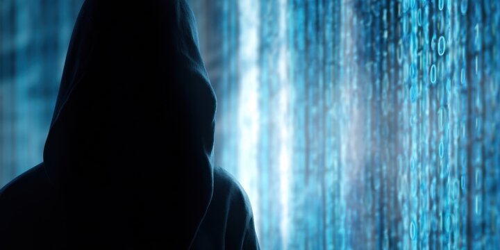 The mysterious hacker cloaked in shadows against a backdrop of binary code.