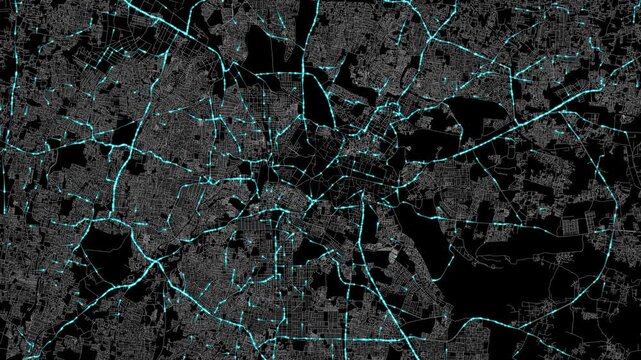 Urban Traffic Flow Map Simulation in Bangalore, India, GPS Smart city route Transportation