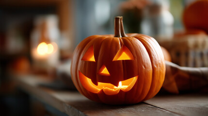 Single perfectly carved Halloween pumpkin jack o lantern triangular eyes jagged smile warm orange glow candlelight interior autumn decoration Halloween decor ideas pumpkin carving