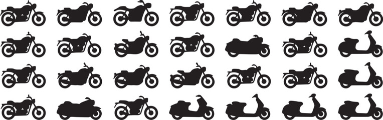 Obraz premium motorcycle and scooter silhouettes vector grid set of 28 labeled transportation icons