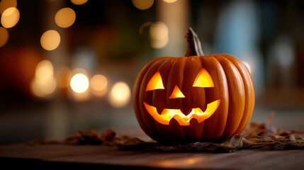 Single perfectly carved Halloween pumpkin jack o lantern triangular eyes jagged smile warm orange glow candlelight interior autumn decoration Halloween decor ideas pumpkin carving