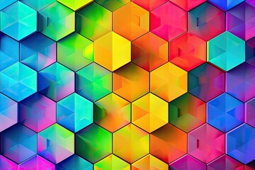 Vibrant, multicolored hexagonal pattern.  Each hexagon is slightly offset, creating a 3D effect and depth.  Colors are bright and saturated