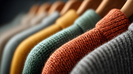 A row of clothes hanging on a hanger, the clothes are of different colors and textures, and all neatly folded. The concept of organization and order. Clothing sale concept background.