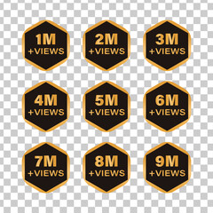 Obraz premium Collection of golden hexagon icons displaying views count from 1 million to 9 million on transparent background