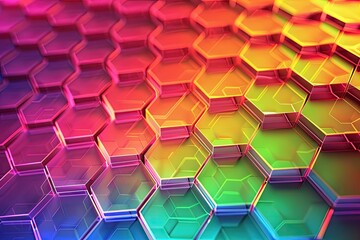 A vibrant abstract image featuring a repeating pattern of hexagonal shapes in a spectrum of colors, creating a three-dimensional, textured effect