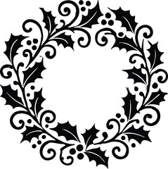 Christmas holly wreath illustration, festive holiday decoration, winter greenery design, red berries and leaves, circular ornament, seasonal vector art, traditional Christmas frame