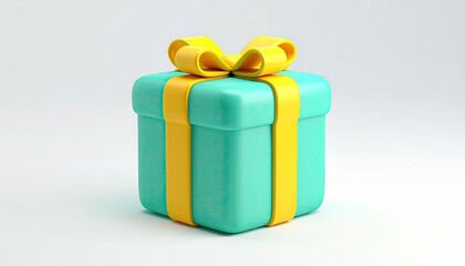 A teal gift box with a yellow bow sits on a white background. The box is square and has a smooth, slightly rounded surface. The yellow ribbon is tied in a simple bow on top
