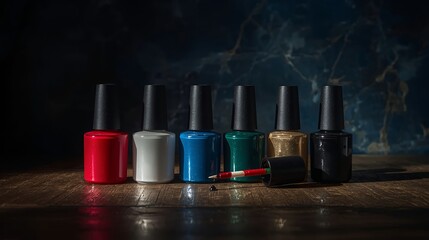 Fototapeta premium Elegant composition featuring an open nail polish bottle, a drop of polish dripping onto the wooden surface. The cap with brush lies beside the bottle