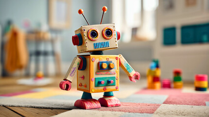 A cheerful and colorful handmade robot toy for children, a fun DIY craft project made from cardboard boxes, a concept of STEM and STEAM education, creativity and fun, a cute character in a playroom.

