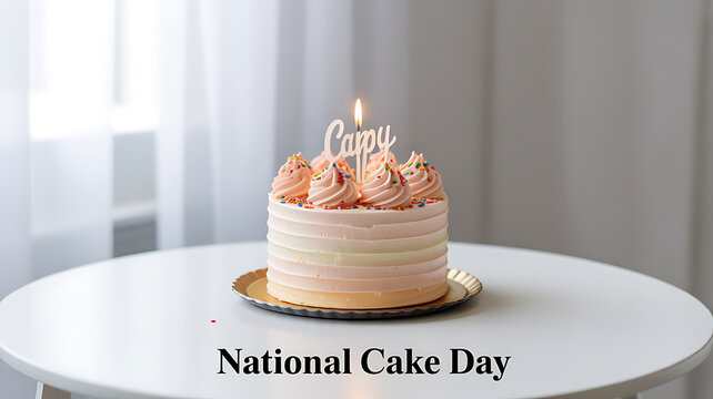 A beautifully decorated cake with a lit candle and 'Happy' topper on a table, celebrating National Cake Day