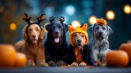 Five different dog breeds wearing various Halloween costumes banner layout pet costume collection animal Halloween costumes dog safety tips pet party ideas blurred background wit
