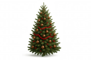 Christmas tree decorating with bronze ornaments and red garland, holiday tradition and festive celebration, transparent background