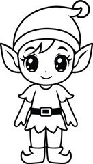 Cartoon Christmas elf illustration, black and white festive character, holiday coloring page design, cheerful winter figure vector, cute seasonal decoration clipart