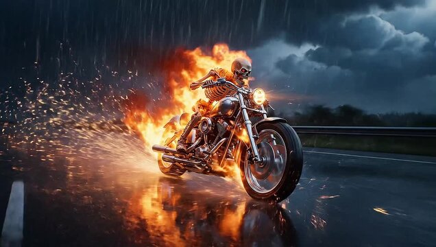 Fiery skeleton rider on motorcycle in the rain