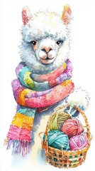 Watercolor Alpaca with Colorful Scarf and Yarn Basket, Hand-Painted Illustration for Knitting, Crafting, and Winter Themes, Isolated on White Background