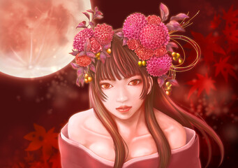 秋の満月の夜空の下の花の髪飾りを付けた着物姿の日本人女性