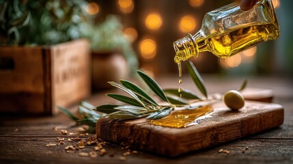 A glass bottle of olive oil is being poured onto a wooden board, surrounded by fresh olives and green leaves, with soft background lighting creating a warm ambiance.