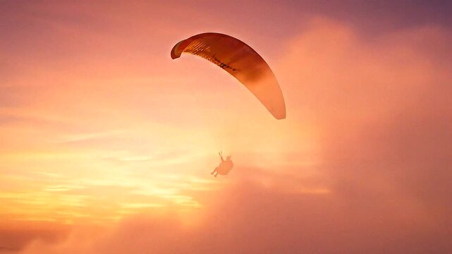 A sunset adventure captures the thrill of paragliding against a vibrant sky, embodying freedom and excitement.