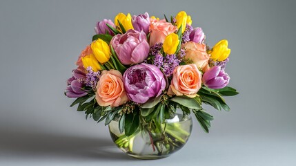 Vibrant Mixed Bouquet of Roses and Tulips in Glass Bowl Vase