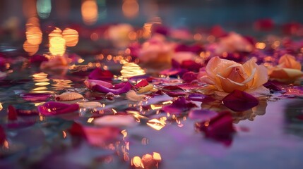 Rose petals floating in glowing water