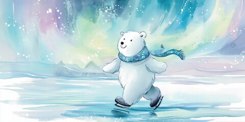 Watercolor Illustration of a Cute Polar Bear Ice Skating Under the Northern Lights, Winter Scene with Scarf, Ice Skates, and Snowflakes, Children's