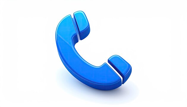 A vibrant blue, three-dimensional rendering of a classic telephone handset icon, set against a stark white background, showcasing a glossy, smooth surface