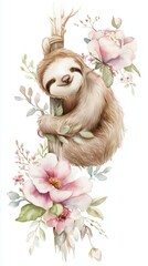 Watercolor Illustration of a Cute Sloth Hanging on a Branch with Pink Flowers, Botanical Elements, and a Smiling Face, Perfect for Children's Decor and Prints