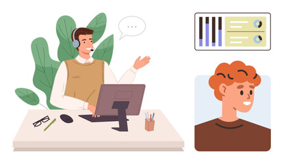 Person with headset at desk gesturing during virtual meeting with client portrait and performance graphics. Ideal for communication, support, coworking, customer service, training, consultancy