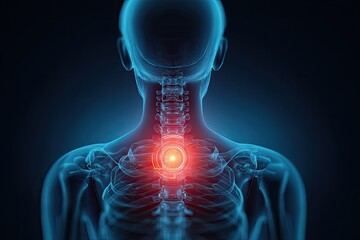 3D medical illustration of a woman's back with highlighted spinal pain