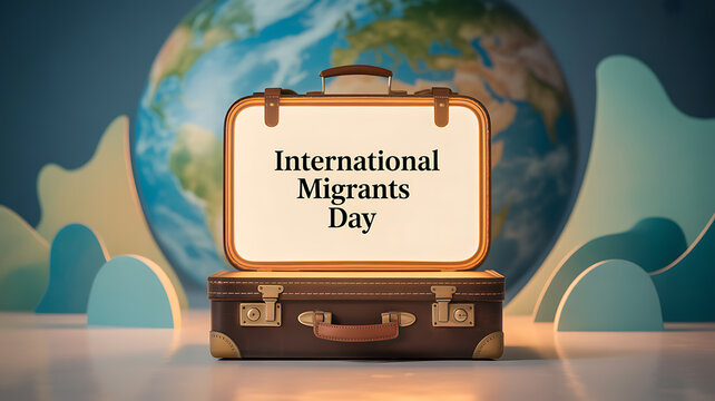 International Migrants Day celebrated with a suitcase and globe in the background