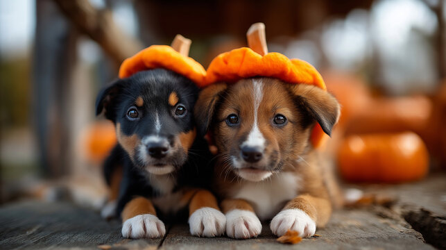 Adorable puppy kitten pumpkin costumes rustic pumpkin patch autumn setting pet Halloween photography animal costume ideas blurred background with copy space
