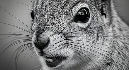 Close-up of a Squirrels Face in Black and White.
