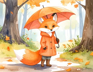 Cute fox in an orange raincoat in an autumn forest, holding an orange umbrella