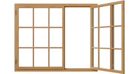 Wooden multi-pane window frame with one sash open for construction design. isolated PNG with Transparent Background
