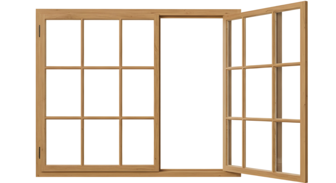 Wooden multi-pane window frame with one sash open for construction design. isolated PNG with Transparent Background
