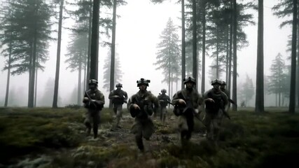 Dramatic scene of soldiers running through a foggy forest, emphasizing teamwork and military training.