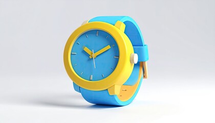 A vibrant, light blue and yellow wristwatch with a simple face and a silicone band, rendered in a minimalist style against a bright white background