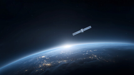 Fototapeta premium Satellite above Earth horizon with illuminated cities at night, symbolizing global communication, exploration, science and modern technology, copy space.