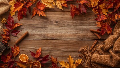 Cozy wooden background framed with vibrant autumn leaves, cinnamon sticks, dried citrus and a warm knitted blanket. Fall theme backdrop or design.