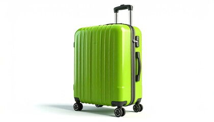 A vibrant lime green suitcase, upright on four wheels, against a stark white backdrop, showcasing its hard shell design and retractable handle
