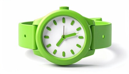 A vibrant lime green wristwatch with a simple white face and matching band, shown against a stark white background, casting a subtle shadow