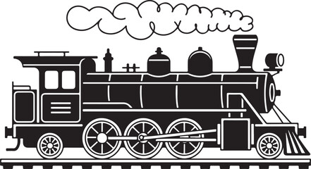Naklejka premium Detailed Silhouette of a Classic Steam Train on Tracks with Smoke Against a Transparent Backdrop