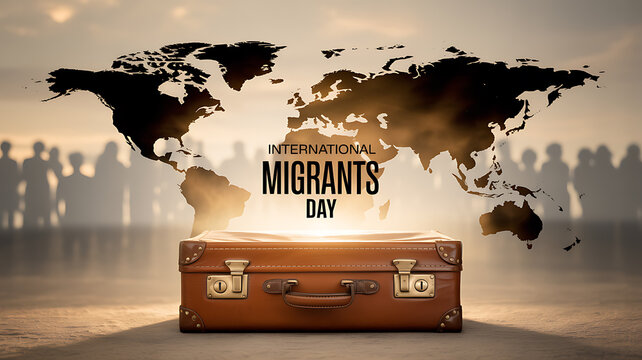 International Migrants Day concept with suitcase and world map silhouette