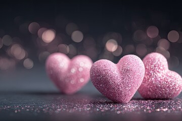 Obraz premium Pink glitter hearts on dark background with bokeh