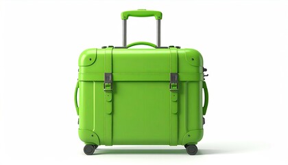 A vibrant lime-green carry-on suitcase, featuring a retractable handle, two small wheels, and vintage-style clasps, is presented against a stark white backdrop