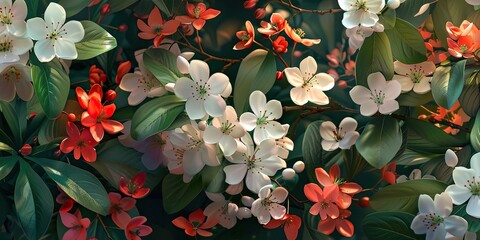 Lush blossoms of white and red flowers, illuminated by sunlight, creating a vibrant and lively floral scene