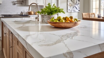 Elegant Kitchen Island with Quartz Countertops and Fruit Bowl
