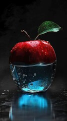 A vibrant red apple, partially submerged in clear water within a glass, is dramatically lit against a dark background, creating a striking contrast and showcasing water droplets