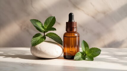 Natural Cosmetic Mockup Amber Glass Dropper Bottle with Fresh Mint Leaves Smooth White Stone on Marble Surface Sunlight Shadows Skincare Essential Oil
